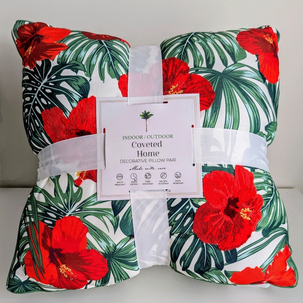 Water Resistant Embroidered 20" Hibiscus Pillow Set of 2 Indoor / Outdoor Hawaii